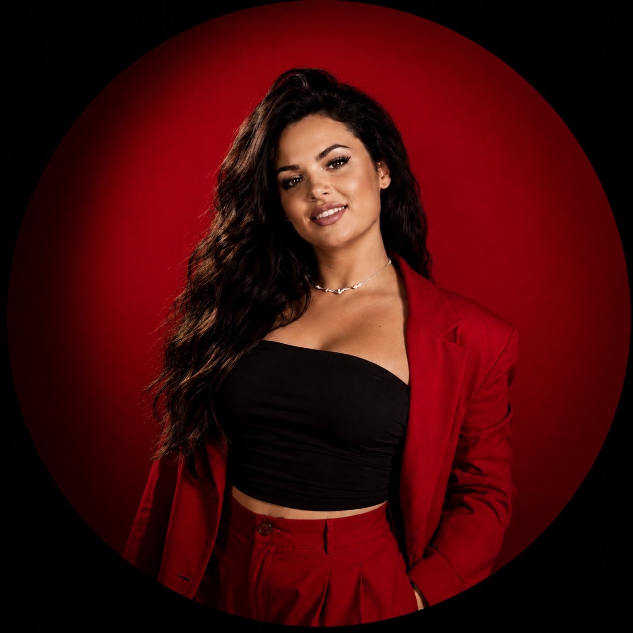 Daria Dudek, bachata artist and instructor, smiling in a red blazer